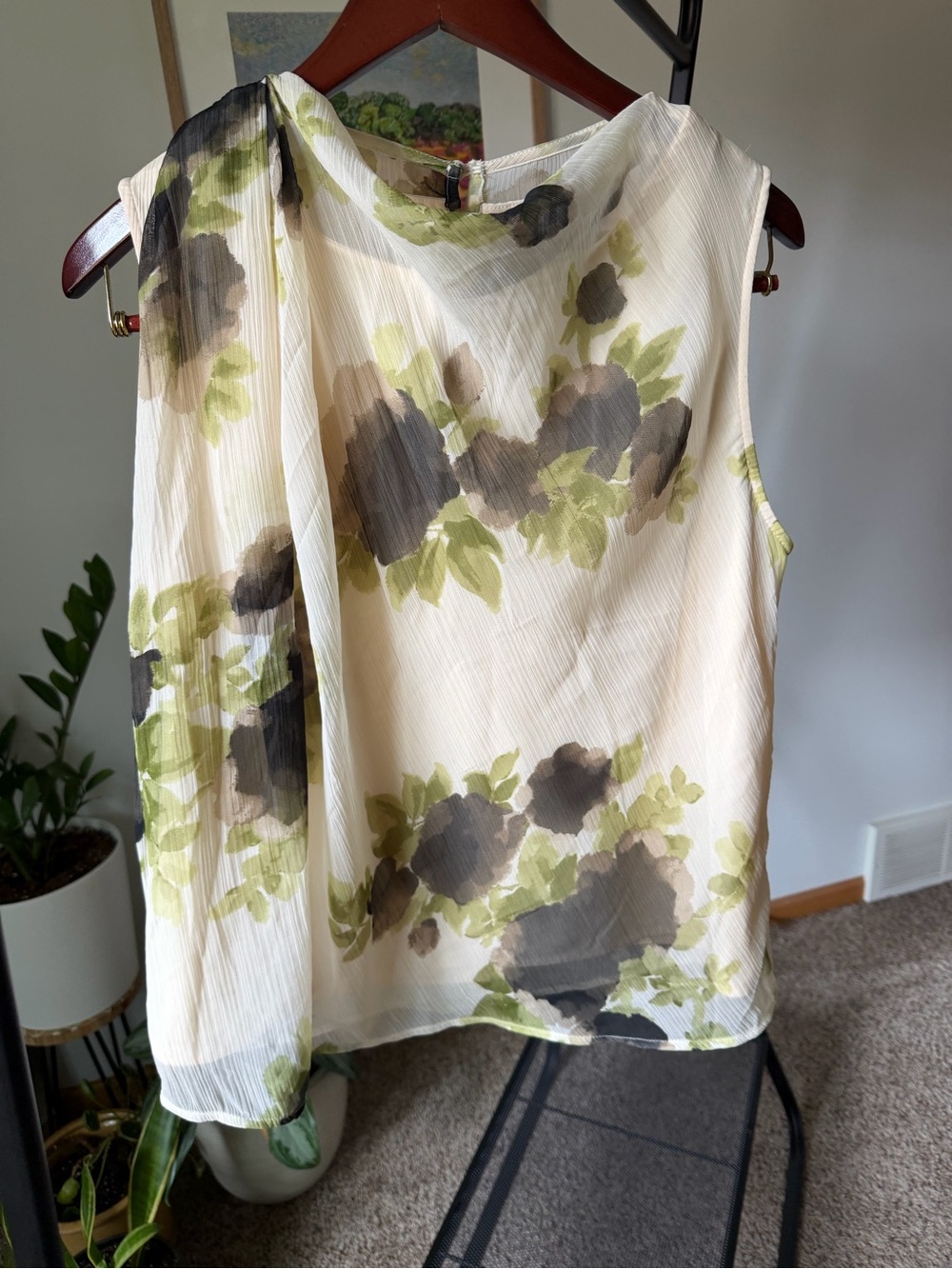 Sleeveless Cream Floral Top with Olive and Charcoal Print